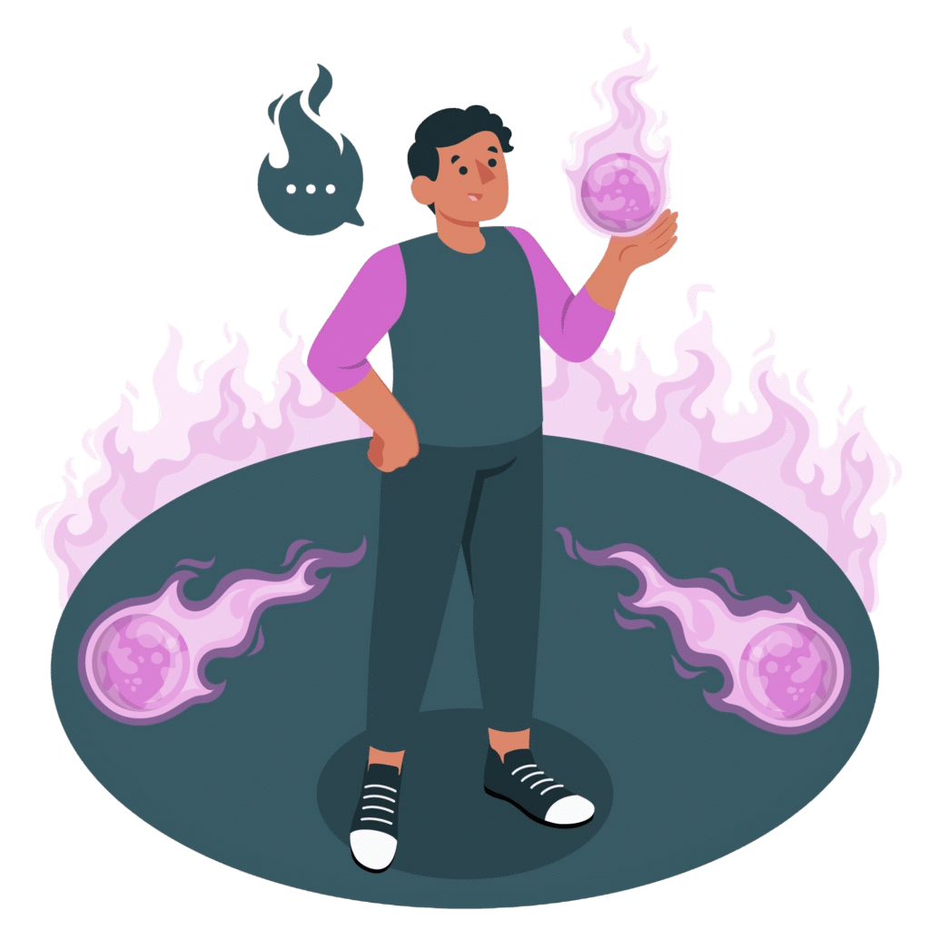 Personnage avec flammes violettes autour