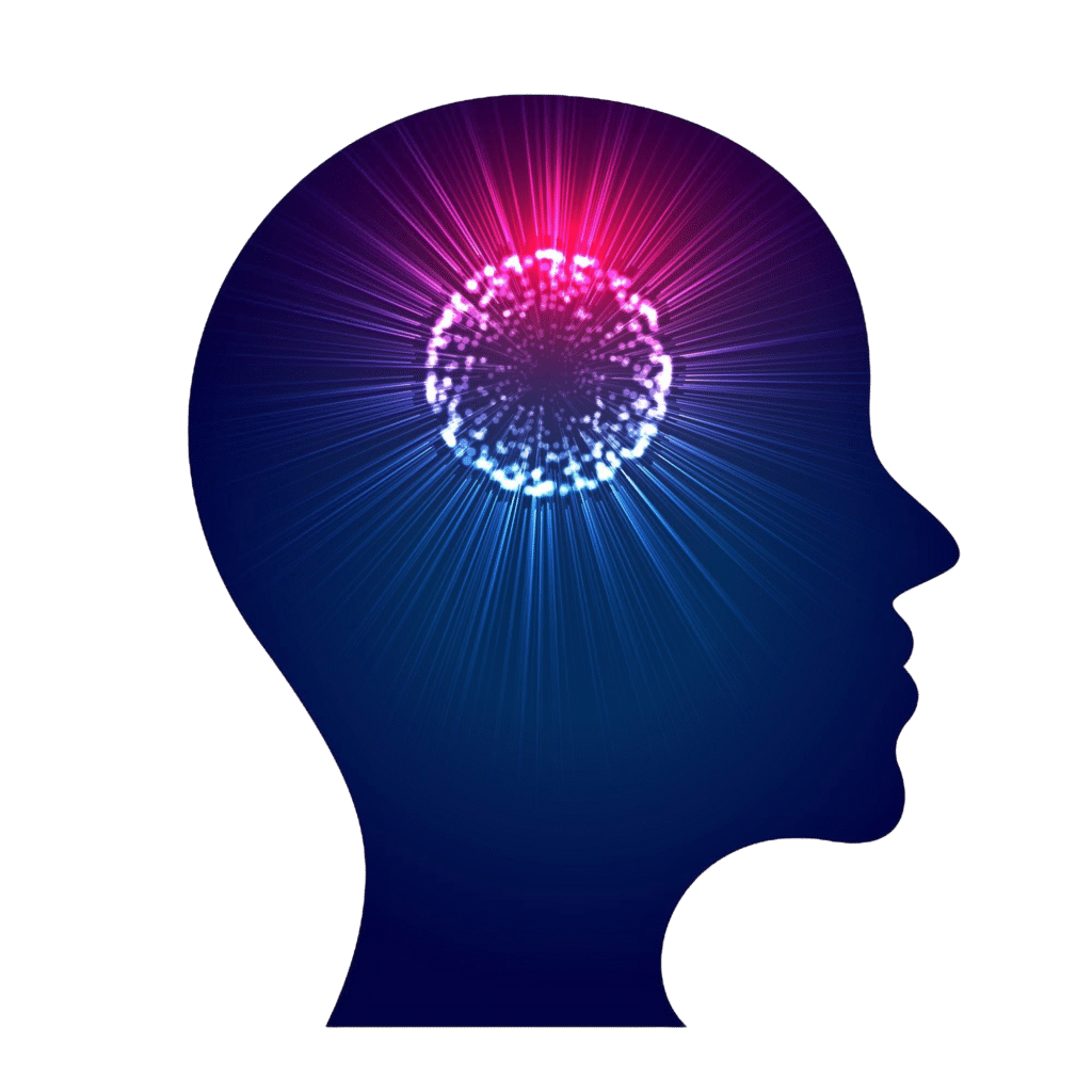Silhouette de tête avec cerveau lumineux.