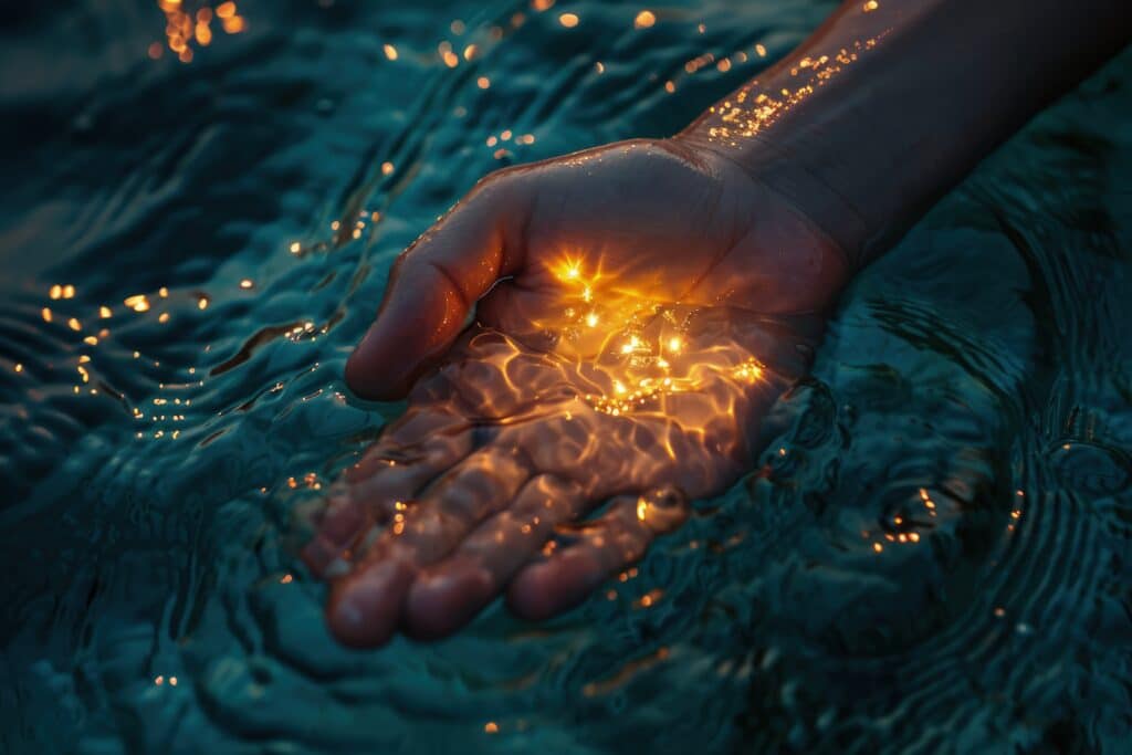 Main tenant lumière dorée dans l'eau